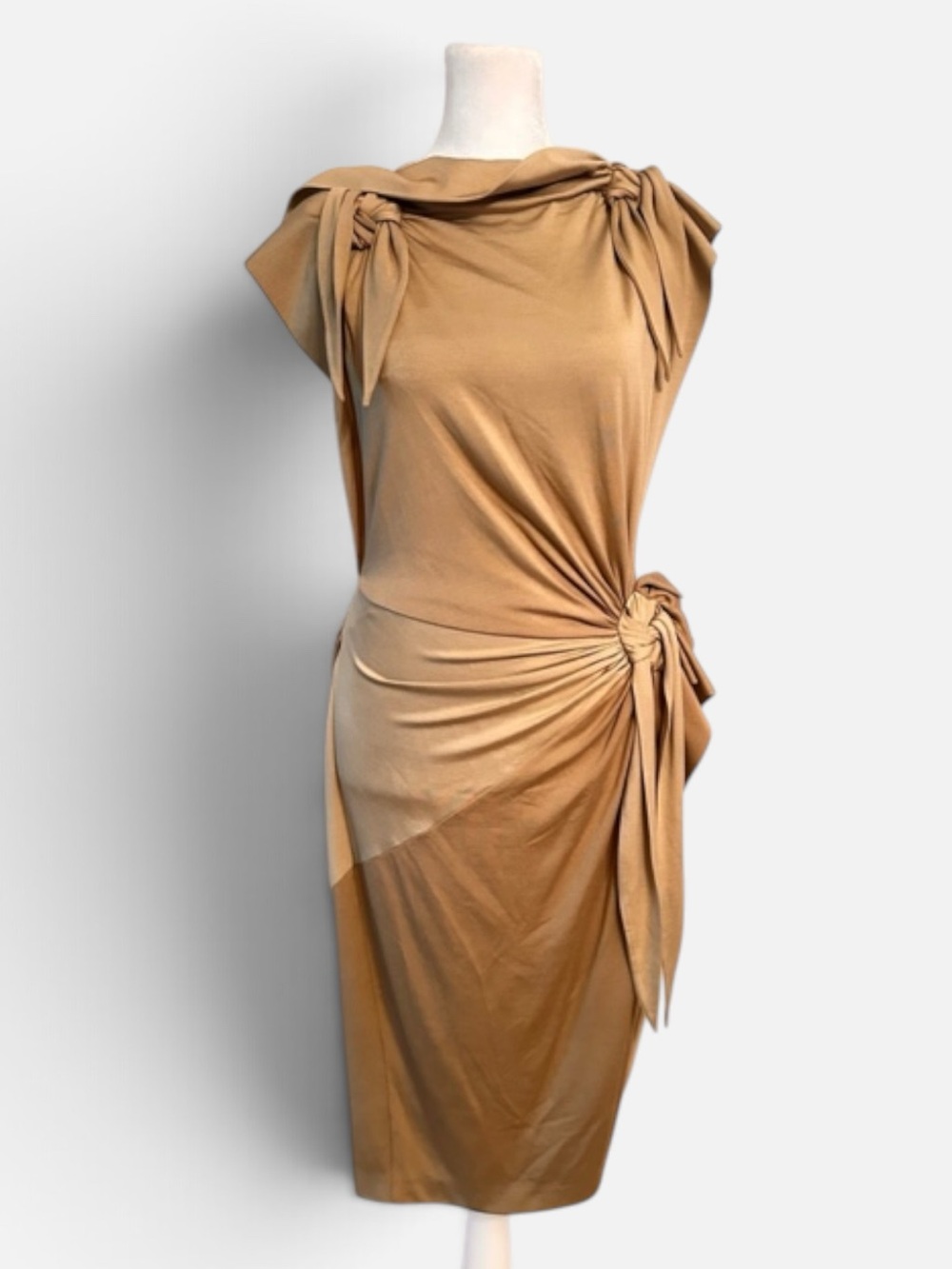 NWT Burberry Camel Knot-Detail Sleeveless Midi Dress